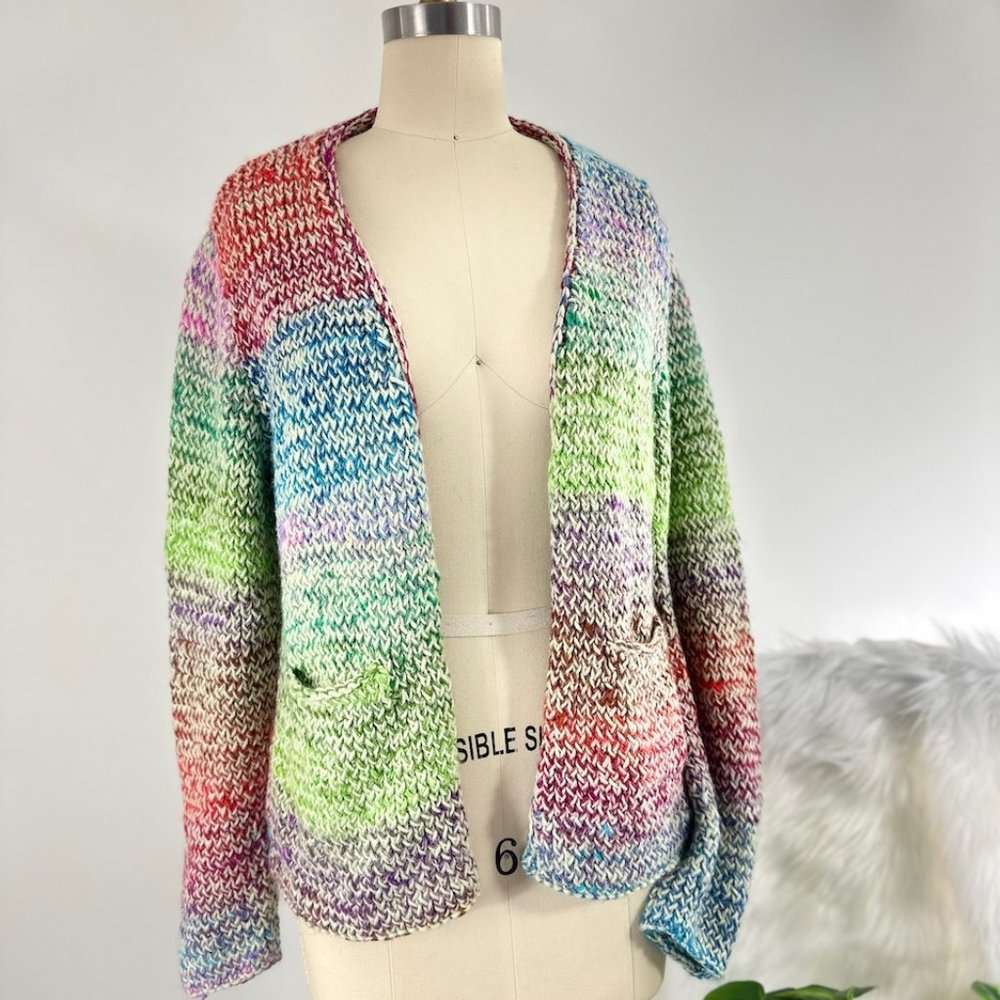 Vintage 90s Hand Knit Pastel Rainbow Grunge Cardgian Sweater